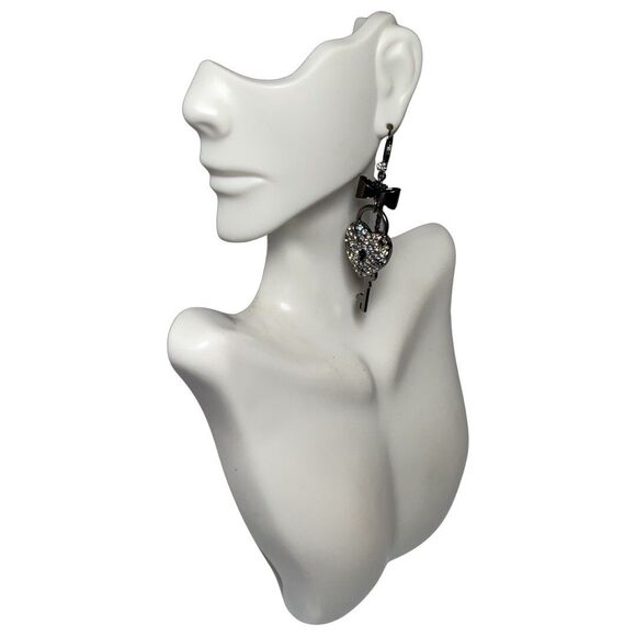 Betsey Johnson Black Crystal Heart Lock & Key Dangle Earrings 4" Valentine Love - Picture 8 of 11